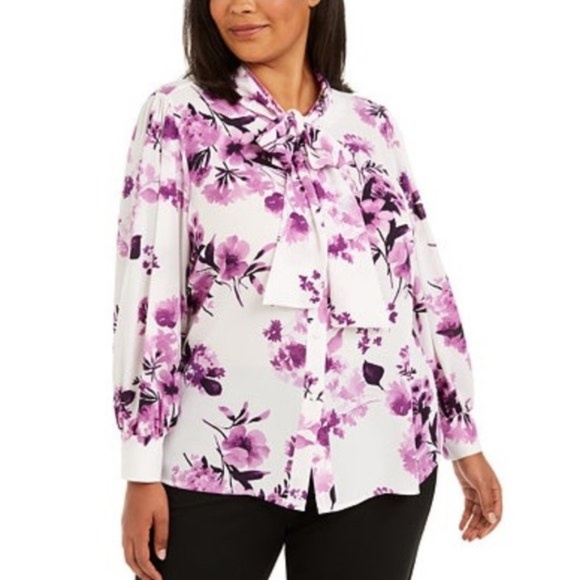 Calvin Klein Plus Size Floral Bow-Neck Button-Up Top - Picture 1 of 4